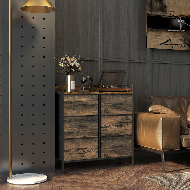 Cómoda com 6 Gavetas Dobráveis Cómoda de Tecido com Estrutura de Aço Estilo Industrial Cómoda para Quarto Corredor 79x29x85 cm Castanho Rústico