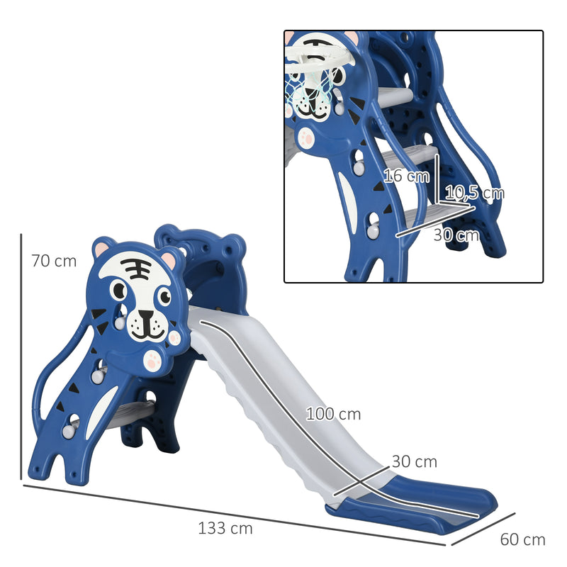 Escorrega para Crianças 2 em 1 Escorrega para Crianças de 18 a 36 Meses com 2 Degraus Cesta de Basquetebol e Desenho de Tigre para Interior 133x60x70 cm Azul e Cinza