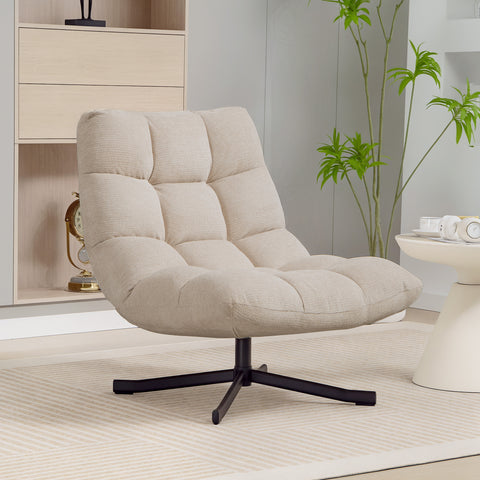 Poltrona Giratória Moderna Poltrona de Sala de Estar com Base de Cruz Estofada em Chenille Impermeável Assento Extra Largo e Pernas de Aço Poltrona Relax para Sala de Estar Quarto 75x95x90 cm Creme