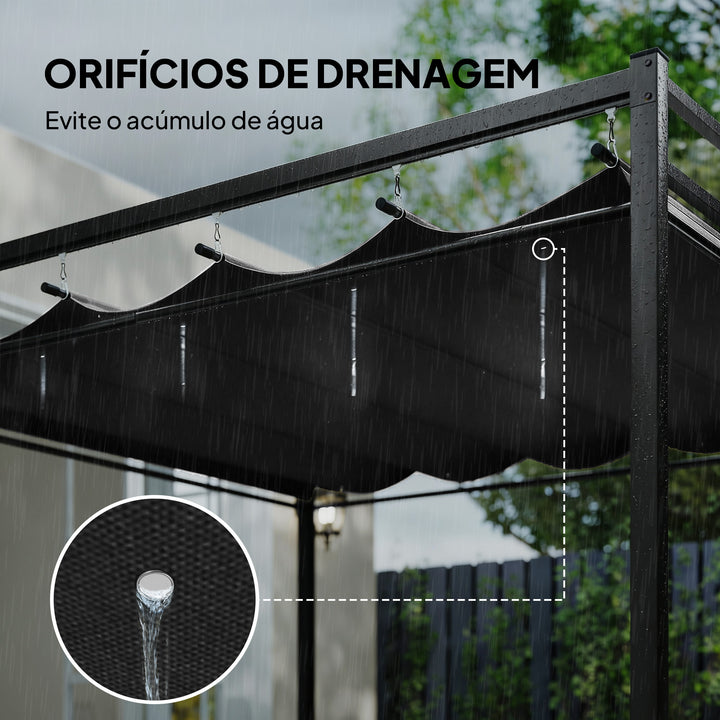 Pérgola de Jardim 295x295x221 cm com Teto Retrátil e Cortinas UPF30+ Estrutura Metálica Pérgola para Exterior Cinzento Escuro