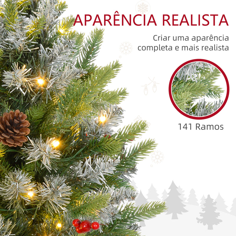 Árvore de Natal 60 cm Árvore de Natal Artificial de Mesa com 20 Luzes LED 141 Ramos 5 Pinhas 5 Bagas Vermelhas e Suporte de Metal Árvore Natalícia para Interior Verde