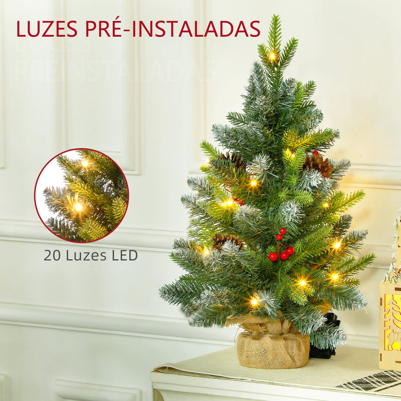 Árvore de Natal 60 cm Árvore de Natal Artificial de Mesa com 20 Luzes LED 141 Ramos 5 Pinhas 5 Bagas Vermelhas e Suporte de Metal Árvore Natalícia para Interior Verde