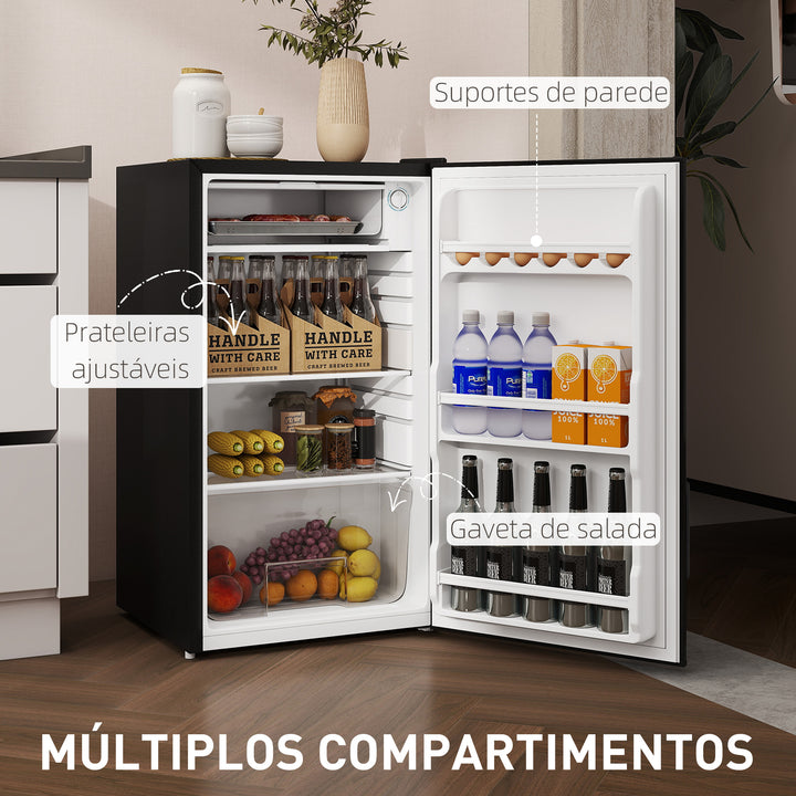 Mini Frigorífico 91L de Capacidade Frigorífico Elétrico Pequeno com Prateleira Ajustável Compartimento Congelador e Porta Reversível Silencioso 41dB 47,5x44,2x84 cm Preto