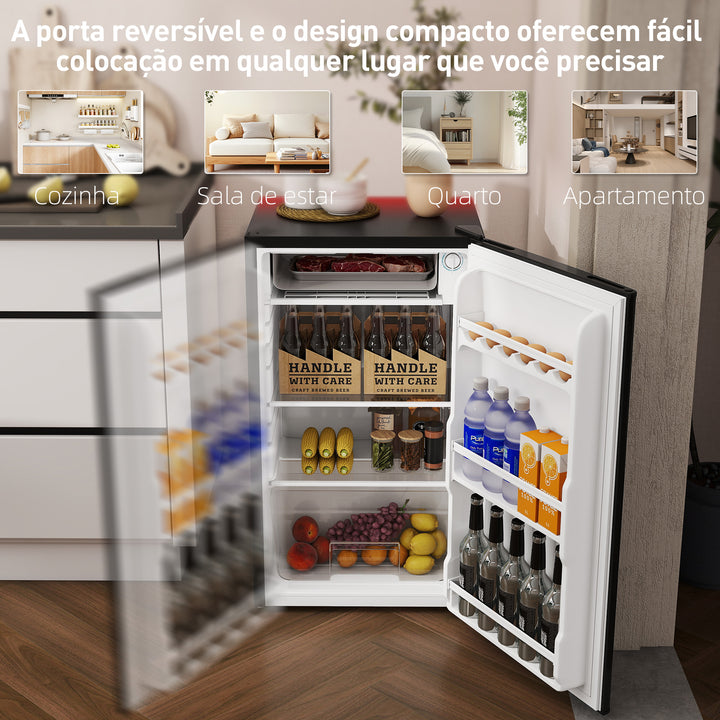 Mini Frigorífico 91L de Capacidade Frigorífico Elétrico Pequeno com Prateleira Ajustável Compartimento Congelador e Porta Reversível Silencioso 41dB 47,5x44,2x84 cm Preto