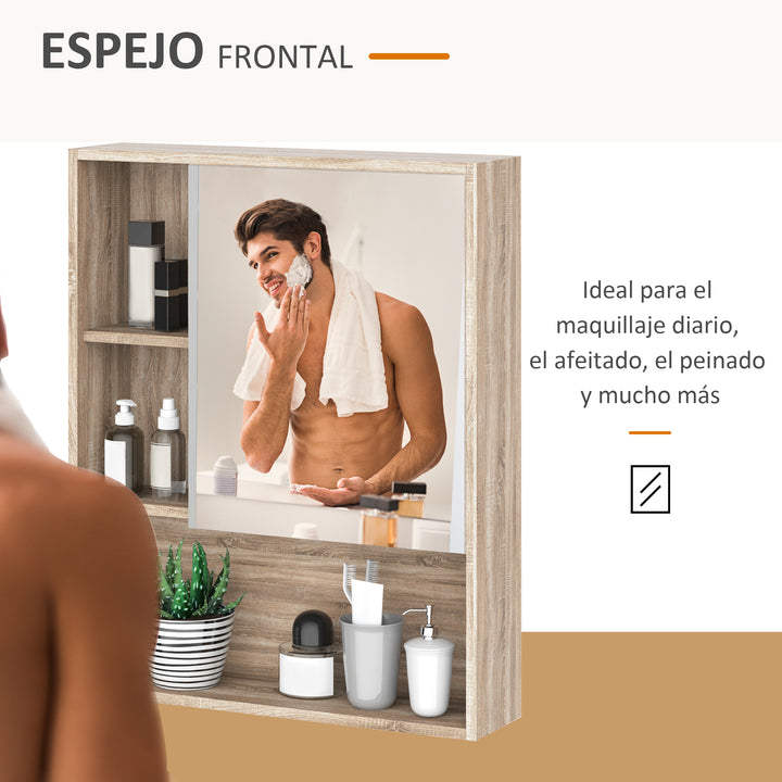 Armário para banheiro de madeira montado na parede com espelho, porta de vidro e prateleira aberta ajustável 60x 15x 76cm em grão de carvalho