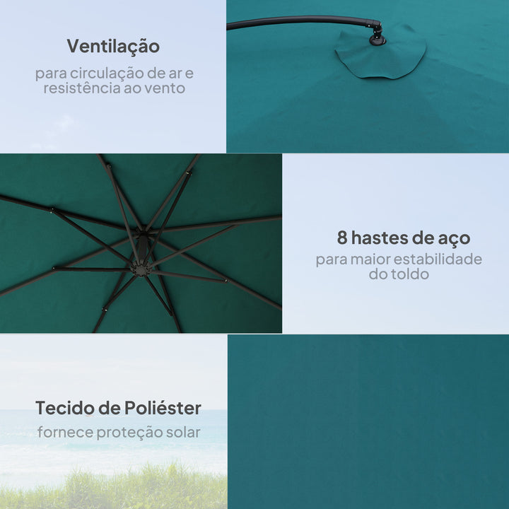 Chapéu de Sol de Jardim 295x295x260 cm Chapéu de Sol Excêntrico com Rede Mosquiteira manivela Base Cruzada e Suporte de Aço para varanda Pátio Exterior Verde