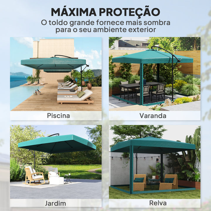 Chapéu de Sol de Jardim 295x295x260 cm Chapéu de Sol Excêntrico com Rede Mosquiteira manivela Base Cruzada e Suporte de Aço para varanda Pátio Exterior Verde