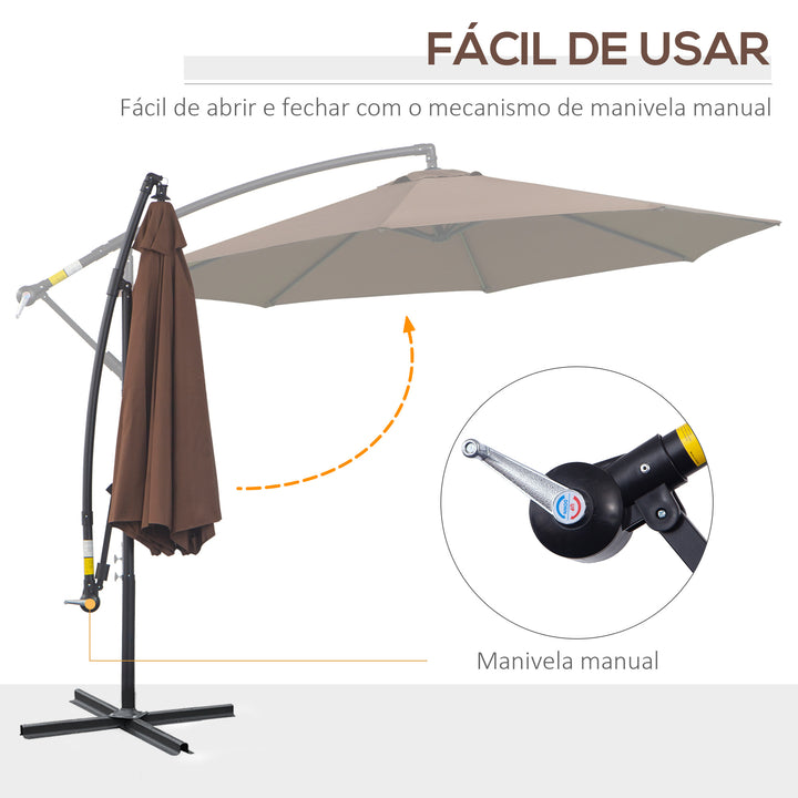 Chapéu de Sol de Jardim Ø300x250cm Chapéu de Sol Excêntrico Inclinável com Manivela Base Cruzada Suporte de Aço e Proteção Solar para Terraço Exterior Café
