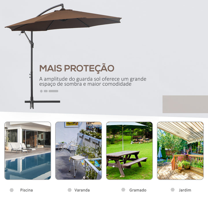 Chapéu de Sol de Jardim Ø300x250cm Chapéu de Sol Excêntrico Inclinável com Manivela Base Cruzada Suporte de Aço e Proteção Solar para Terraço Exterior Café