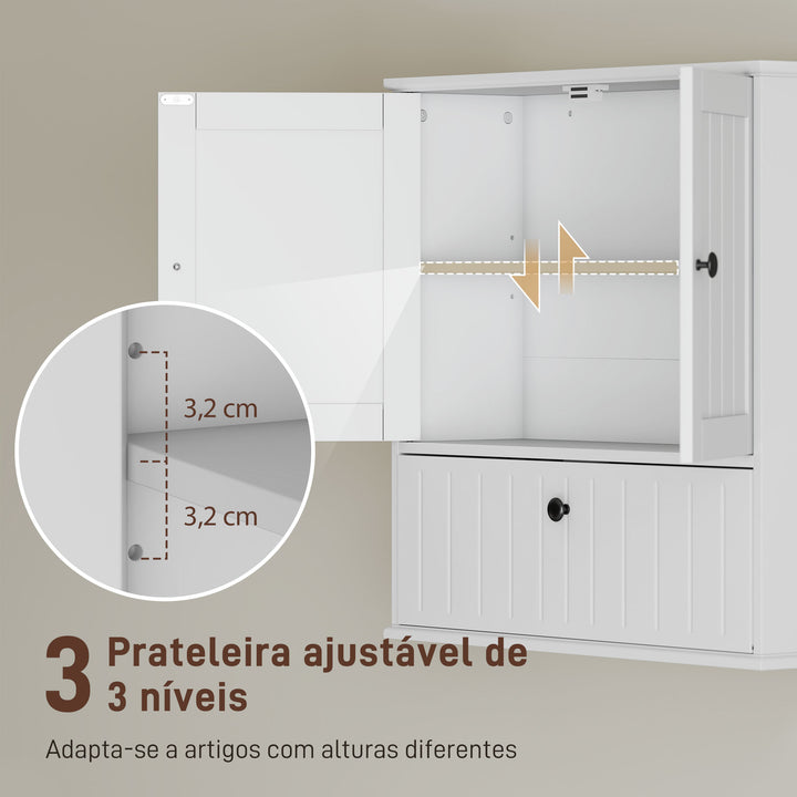 Armário Casa de Banho de Parede Móvel Rústico com Prateleira Ajustável Dupla Porta Porta Basculante e Fecho Magnético para Cozinha Lavandaria sobre o Vaso Sanitário 60x19,5x60 cm Branco