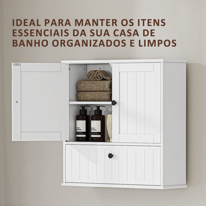 Armário Casa de Banho de Parede Móvel Rústico com Prateleira Ajustável Dupla Porta Porta Basculante e Fecho Magnético para Cozinha Lavandaria sobre o Vaso Sanitário 60x19,5x60 cm Branco