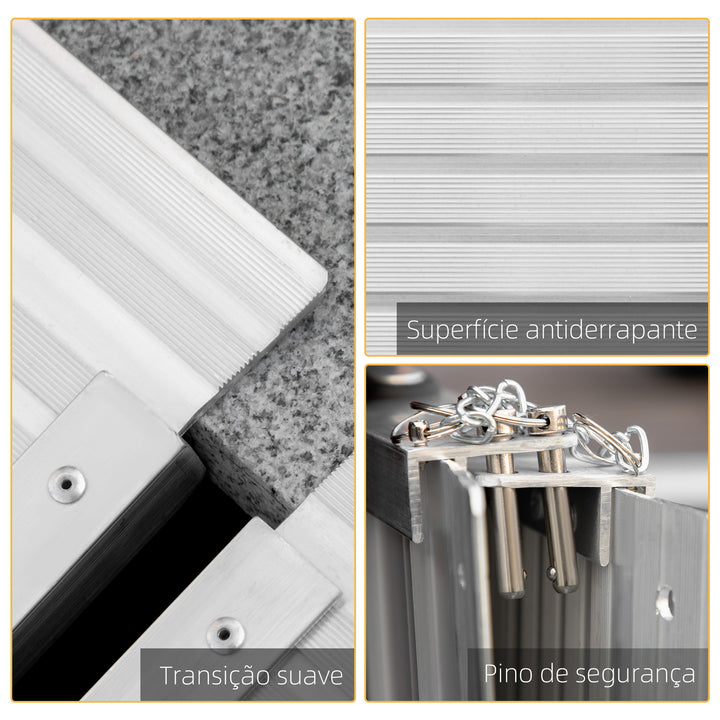 Rampa Dobrável para Cadeiras de Rodas 61 cm Carga 270 kg Antiderrapante com Bordas de Segurança e Alça para Escadas e Portas Acessibilidade para Deficientes Prata