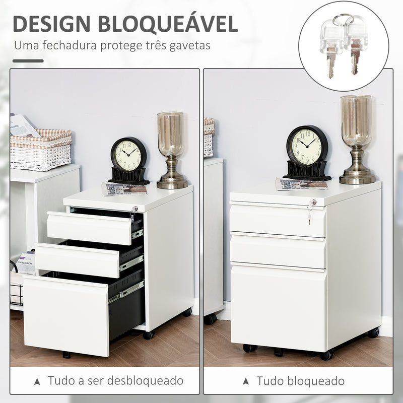 Bloco de Gavetas com Rodas para Escritório Móvel para Arquivos com Fechadura 2 Gavetas e 1 Gaveta Arquivador para Pastas A4 39x48x60 cm Branco