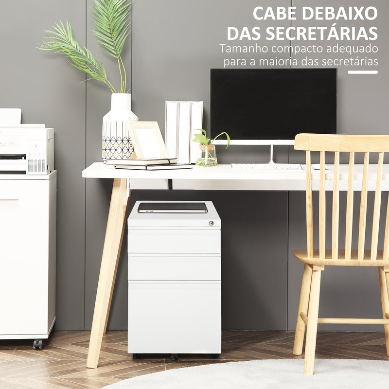 Bloco de Gavetas com Rodas para Escritório Móvel para Arquivos com Fechadura 2 Gavetas e 1 Gaveta Arquivador para Pastas A4 39x48x60 cm Branco