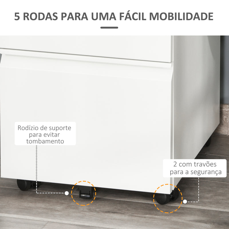 Bloco de Gavetas com Rodas para Escritório Móvel para Arquivos com Fechadura 2 Gavetas e 1 Gaveta Arquivador para Pastas A4 39x48x60 cm Branco