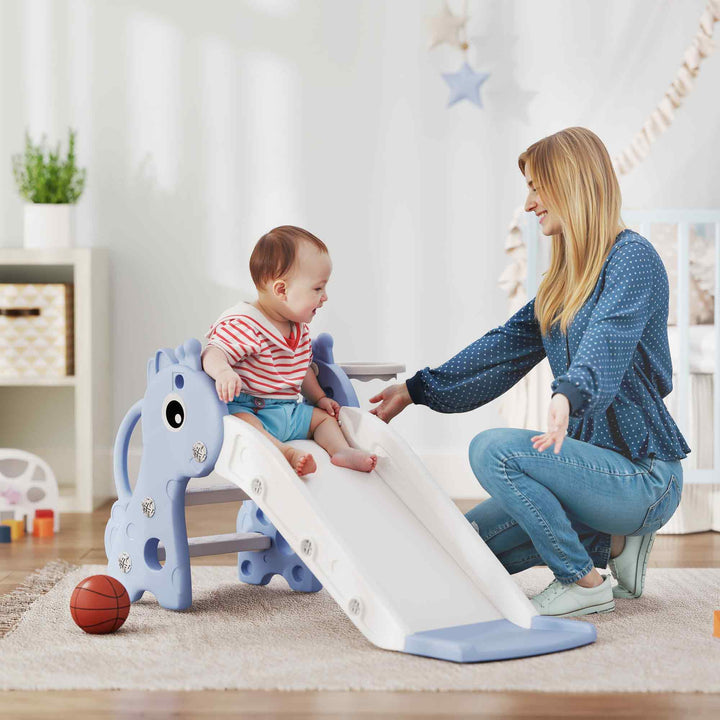 Escorrega Infantil 3 em 1 Escorrega para Crianças de 1 a 3 Anos com Escada Tabela de Basquetebol e Desenho de Girafa para Interior 106x51,5x52 cm Azul Claro