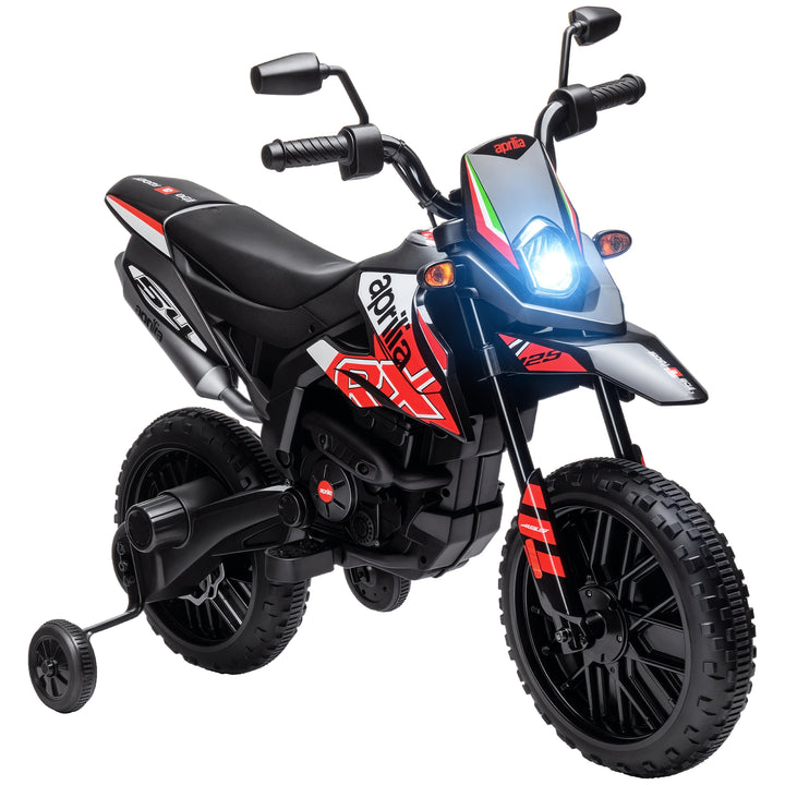 Mota Elétrica Infantil com Licença Oficial Aprilia 12V 25W Rodas de Apoio Removíveis Farol Música Porta USB e Amortecedor Traseiro Vermelho