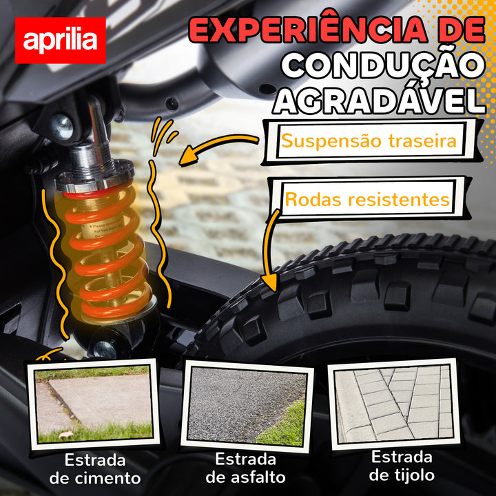 Mota Elétrica Infantil com Licença Oficial Aprilia 12V 25W Rodas de Apoio Removíveis Farol Música Porta USB e Amortecedor Traseiro Vermelho