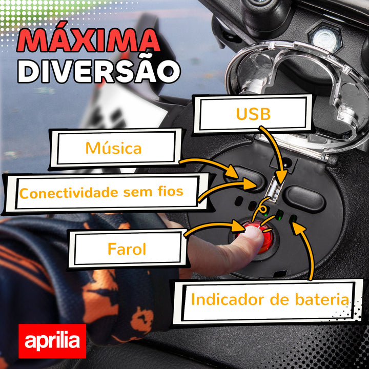 Mota Elétrica Infantil com Licença Oficial Aprilia 12V 25W Rodas de Apoio Removíveis Farol Música Porta USB e Amortecedor Traseiro Vermelho