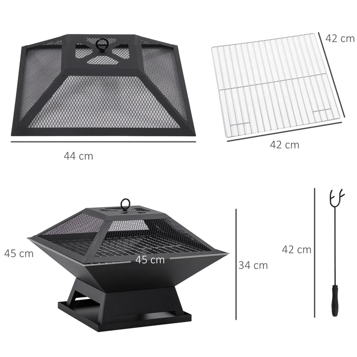 Braseiro Exterior de Aço Braseiro para Jardim Multifuncional com Tampa Protetora e Atiçador para Churrascos Fogueiras para Varanda Campismo 45x45x34 cm Preto