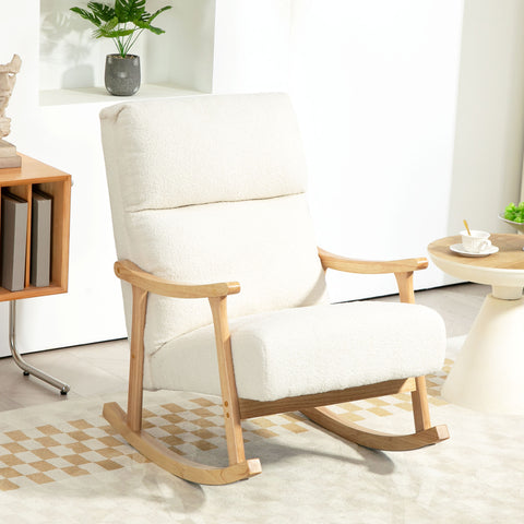 Poltrona Baloiço Moderna Poltrona Baloiço com Pés e Apoio para os Braços de Madeira de Faia Encosto Alto Poltrona de Amamentação Carga 120 kg para Dormitório Sala de Estar 65x90x98 cm Creme