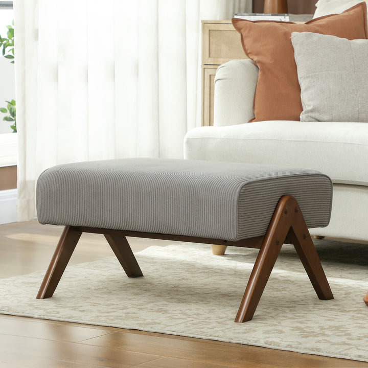 Apoio para Pés para Sala Banco Baixo Estofado em Veludo Otomana Retangular com Assento Almofadado e Pés de Madeira para Sala de Estar Quarto 69x47x36 cm Cinzento Claro