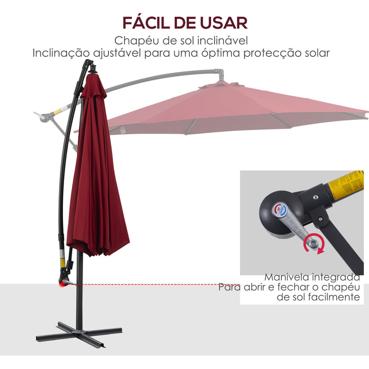 Chapéu de Sol de Jardim Ø295x245 cm Chapéu de Sol Excêntrico Inclinável com Manivela Base Cruzada Suporte de Aço e Proteção Solar para Terraço Exterior Vinho