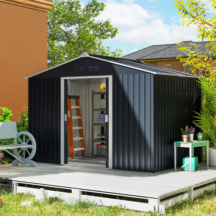 Abrigo de Jardim Exterior 4,9 m² 277x195x192 cm Abrigo de Jardim Metálico com Telhado de Fibra de Vidro Portas Deslizantes Base Reforçada (Chão NÃO Incluído) e Janelas Cinzento Escuro