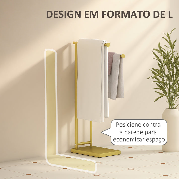 Toalheiro de Pé de 2 Níveis Toalheiro para Casa de Banho com 2 Barras e Estrutura Metálica Estilo Moderno em Forma de L 35,5x20x78 cm Dourado