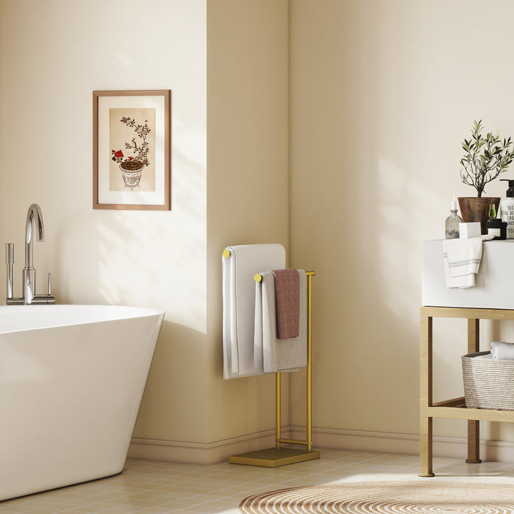 Toalheiro de Pé de 2 Níveis Toalheiro para Casa de Banho com 2 Barras e Estrutura Metálica Estilo Moderno em Forma de L 35,5x20x78 cm Dourado