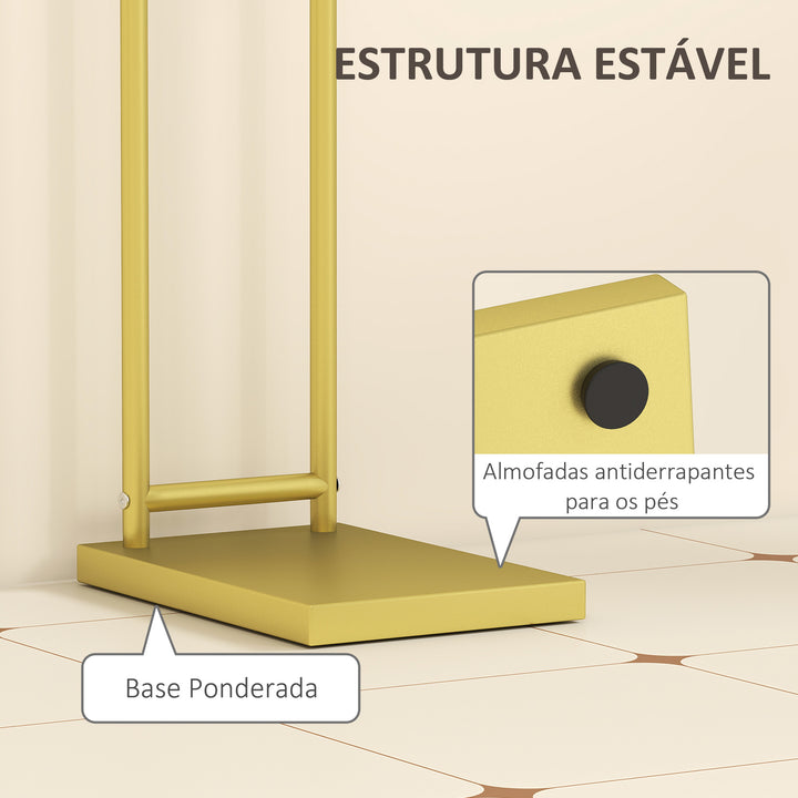 Toalheiro de Pé de 2 Níveis Toalheiro para Casa de Banho com 2 Barras e Estrutura Metálica Estilo Moderno em Forma de L 35,5x20x78 cm Dourado