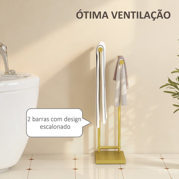 Toalheiro de Pé de 2 Níveis Toalheiro para Casa de Banho com 2 Barras e Estrutura Metálica Estilo Moderno em Forma de L 35,5x20x78 cm Dourado