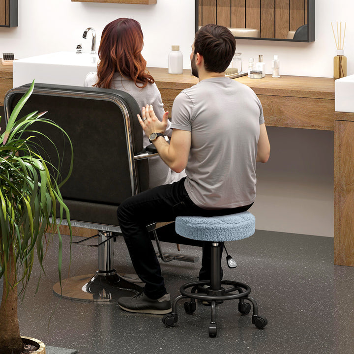 Banco Giratório Redondo Banco com Rodas Altura Regulável 50-66 cm Assento Estofado em Tecido tipo Borreguito para Salões Oficinas Spa Massagem Azul