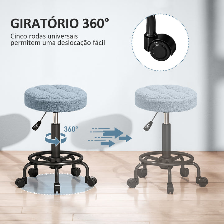 Banco Giratório Redondo Banco com Rodas Altura Regulável 50-66 cm Assento Estofado em Tecido tipo Borreguito para Salões Oficinas Spa Massagem Azul
