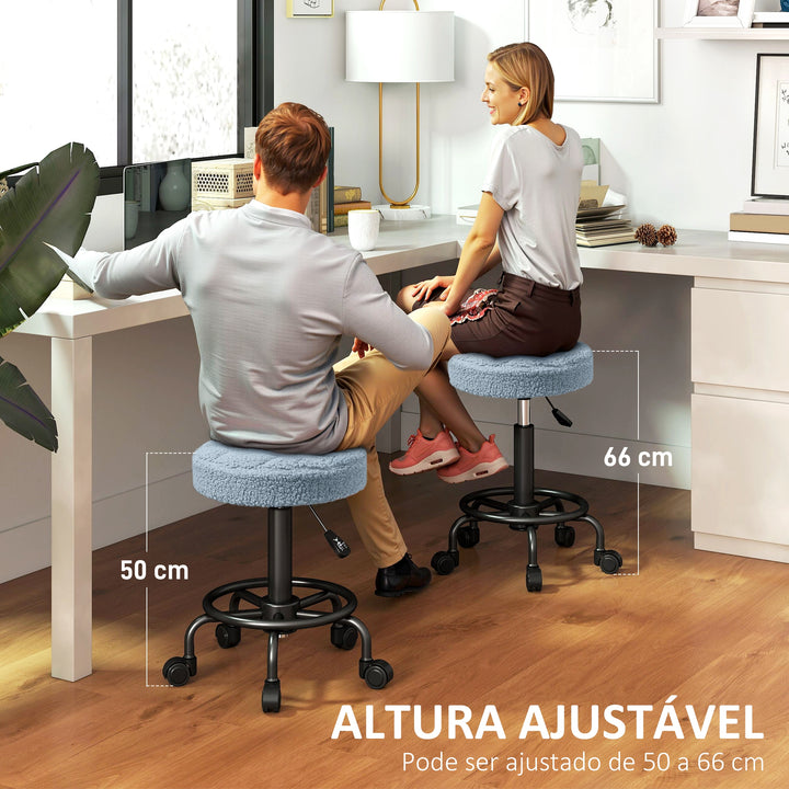 Banco Giratório Redondo Banco com Rodas Altura Regulável 50-66 cm Assento Estofado em Tecido tipo Borreguito para Salões Oficinas Spa Massagem Azul