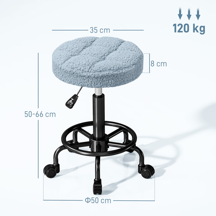 Banco Giratório Redondo Banco com Rodas Altura Regulável 50-66 cm Assento Estofado em Tecido tipo Borreguito para Salões Oficinas Spa Massagem Azul