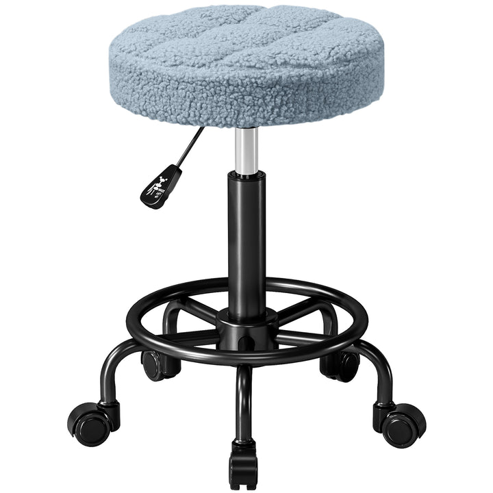 Banco Giratório Redondo Banco com Rodas Altura Regulável 50-66 cm Assento Estofado em Tecido tipo Borreguito para Salões Oficinas Spa Massagem Azul