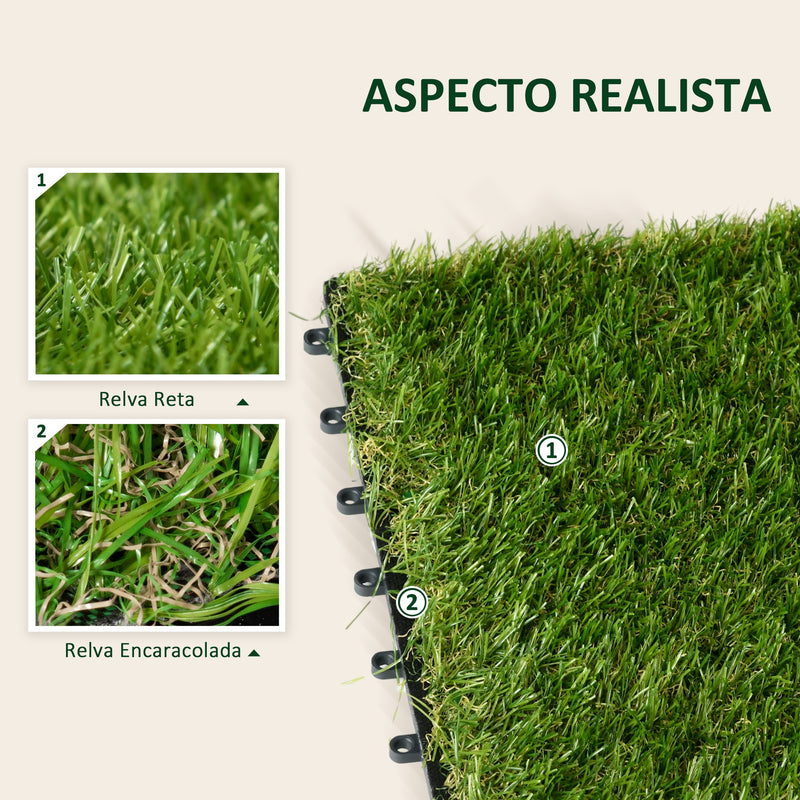 Relva Artificial 30x30cm 10 Peças com Altura de 25mm Alta Densidade 6500 Relva Artificial de Encaixe para Exterior Pátio Terraço Verde