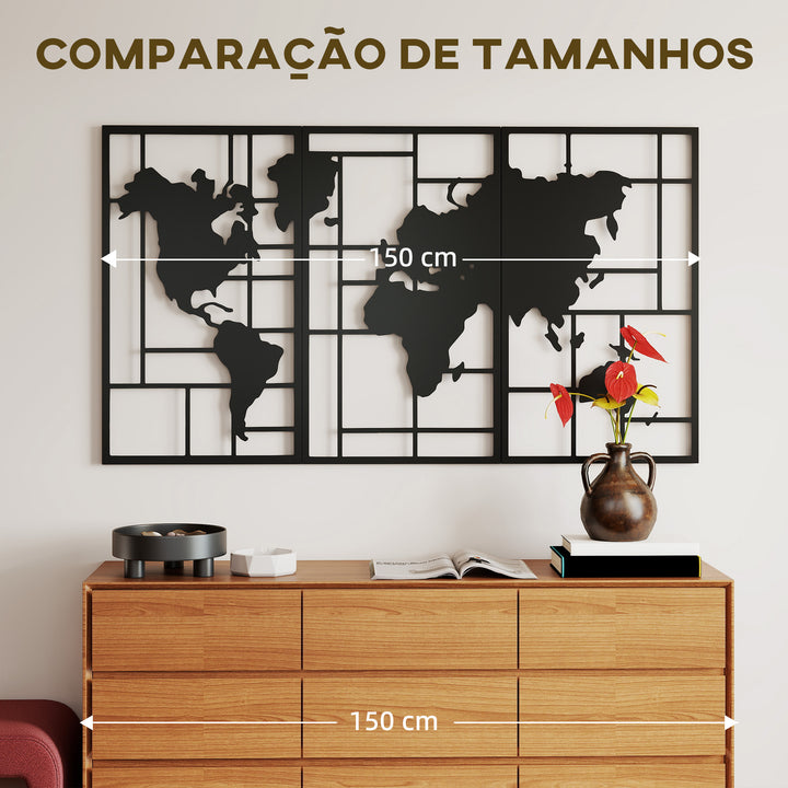 Decoração de Parede em Metal com Mapa Múndi Conjunto de 3 Peças Quadros de Parede Metálicos, para Sala Quarto Corredor Preto