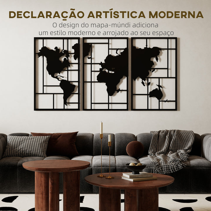 Decoração de Parede em Metal com Mapa Múndi Conjunto de 3 Peças Quadros de Parede Metálicos, para Sala Quarto Corredor Preto