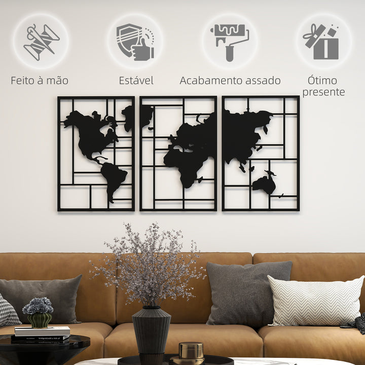Decoração de Parede em Metal com Mapa Múndi Conjunto de 3 Peças Quadros de Parede Metálicos, para Sala Quarto Corredor Preto