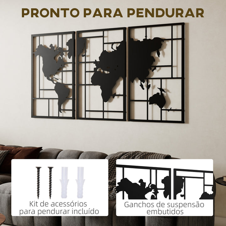 Decoração de Parede em Metal com Mapa Múndi Conjunto de 3 Peças Quadros de Parede Metálicos, para Sala Quarto Corredor Preto