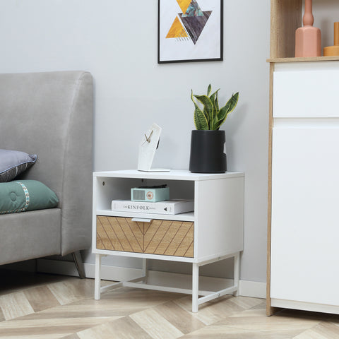 Mesa de Cabeceira Moderna Mesa de Cabeceira com Gaveta e Compartimento Mesa de Cabeceira para Dormitório Sala de Estar 45x39x48 cm Branco e Carvalho