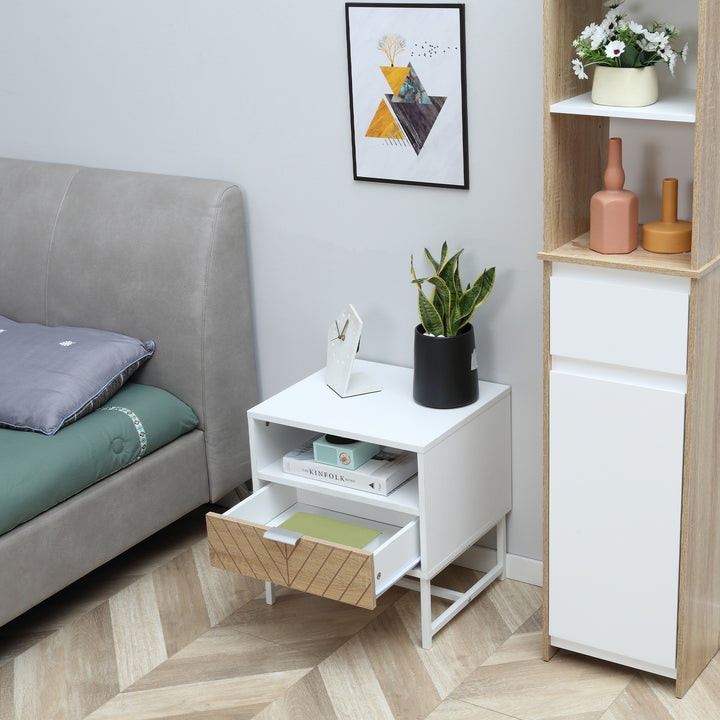 Mesa de Cabeceira Moderna Mesa de Cabeceira com Gaveta e Compartimento Mesa de Cabeceira para Dormitório Sala de Estar 45x39x48 cm Branco e Carvalho
