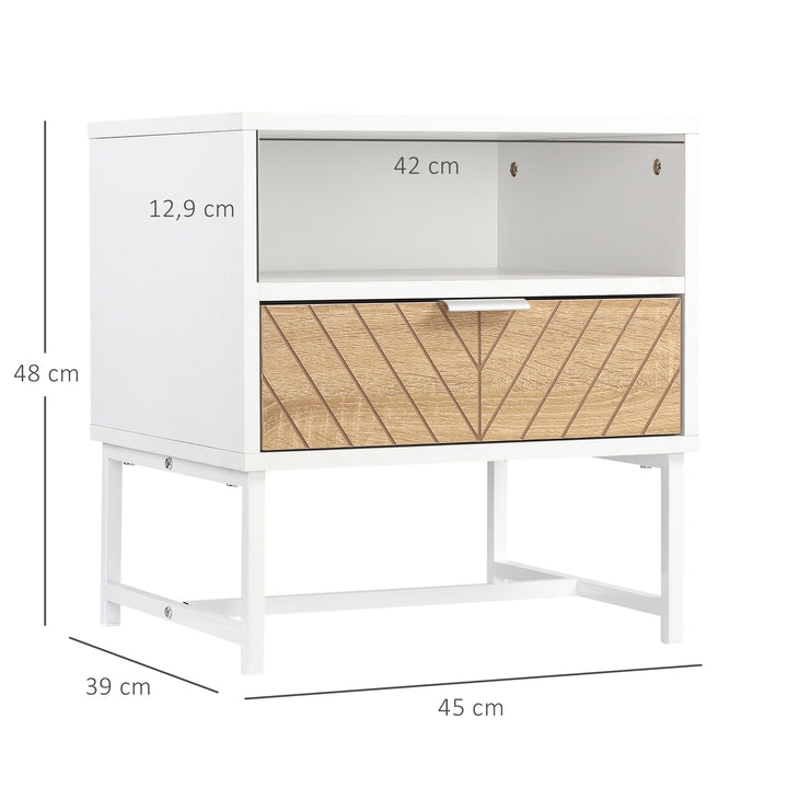Mesa de Cabeceira Moderna Mesa de Cabeceira com Gaveta e Compartimento Mesa de Cabeceira para Dormitório Sala de Estar 45x39x48 cm Branco e Carvalho