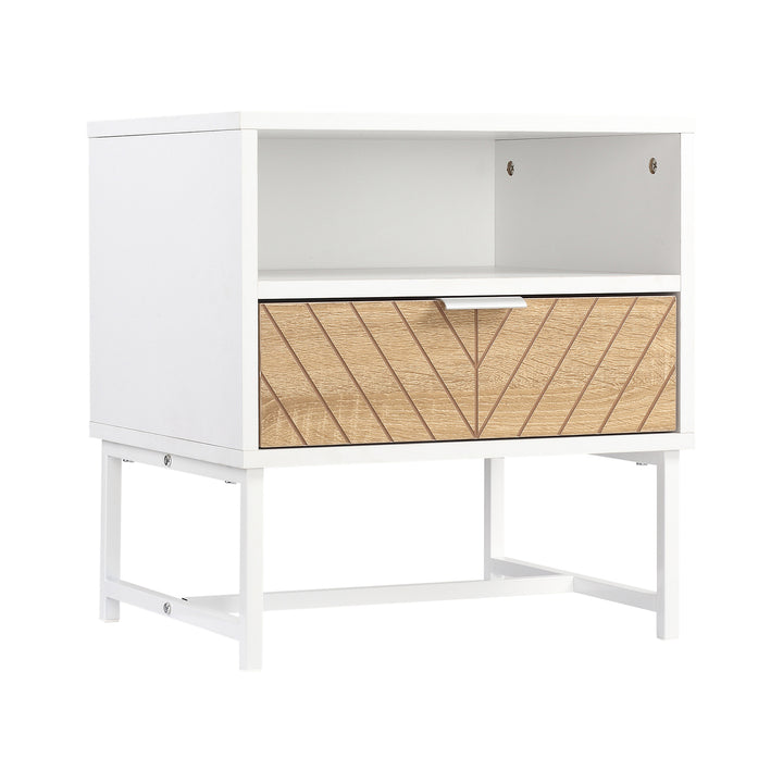 Mesa de Cabeceira Moderna Mesa de Cabeceira com Gaveta e Compartimento Mesa de Cabeceira para Dormitório Sala de Estar 45x39x48 cm Branco e Carvalho