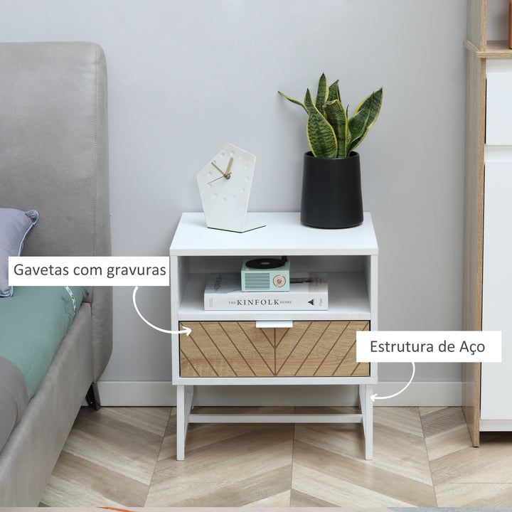 Mesa de Cabeceira Moderna Mesa de Cabeceira com Gaveta e Compartimento Mesa de Cabeceira para Dormitório Sala de Estar 45x39x48 cm Branco e Carvalho