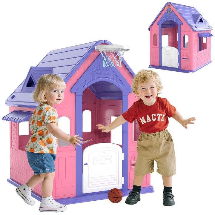 Casinha Infantil para Exterior e Interior 3 em 1 Casinha de Jardim com Lançamento de Aros e Basquetebol Casa de Jogos para Crianças de 2-5 Anos 132x118x124 cm Rosa e Roxo