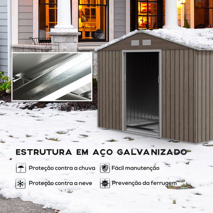 Abrigo de Jardim Exterior Abrigo e Jardim Metálico para Armazenamento de Ferramentas com Base de Reforço Incluída e 4 Janelas 277x195x192 cm Madeira