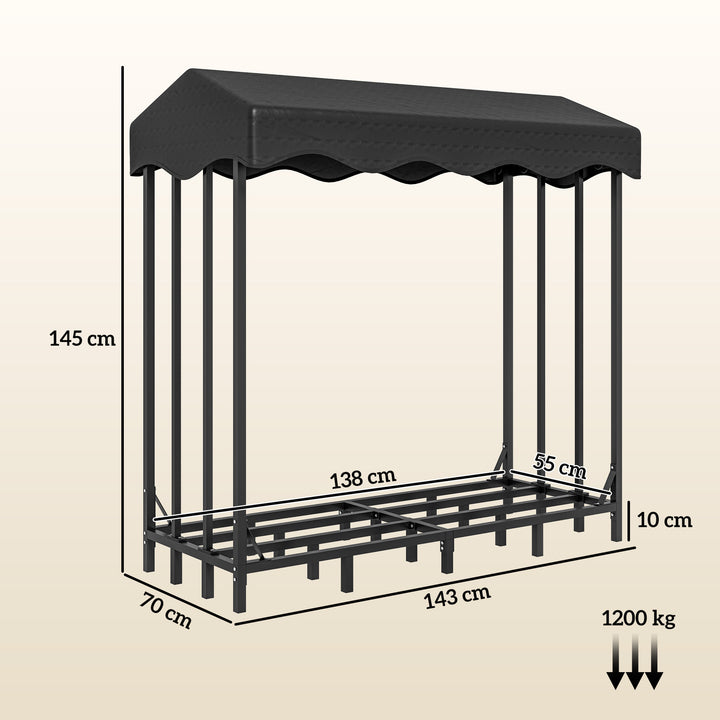 Suporte para Lenha com Cobertura Estante para Lenha de Metal com Estrutura Reforçada e Anéis de Bloqueio Carga 1200 kg para Interior e Exterior 143x70x145 cm Preto